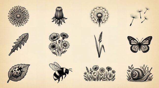 Meadow flora and insect wildlife illustrations featuring dandelion plants and butterflies.