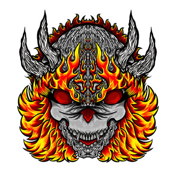 Fiery Demon Skull Vector Illustration for Mascot or Apparel Design, Flaming Evil Skull Monster Vector Art for T-Shirt and Logo, Angry Horned Demon Head in Flames Vector Mascot