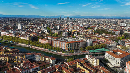 Obraz premium Aerial panoramic view of Navigli district and Milan cityscape, Italy