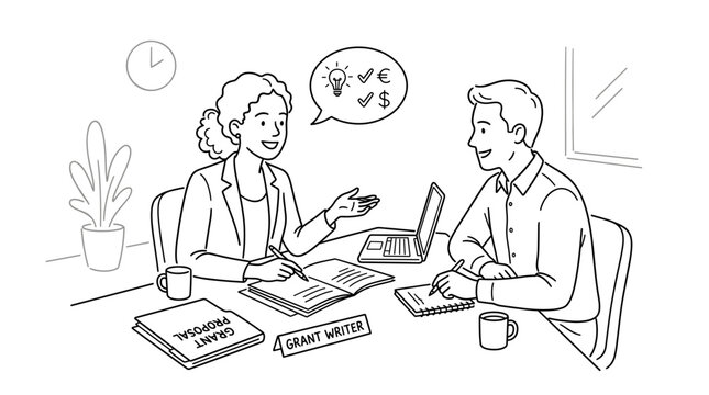 Two professionals discussing a grant proposal with financial and idea symbols in a speech bubble