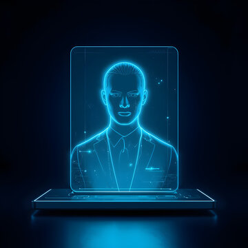 Futuristic hologram of a businessman projecting from a modern laptop computer