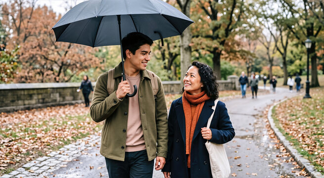 Smiling couple sharing black umbrella while walking along pathway in autumn park. Man and woman looking at each other on rainy fall day, wearing warm jacket and orange scarf with tote bag