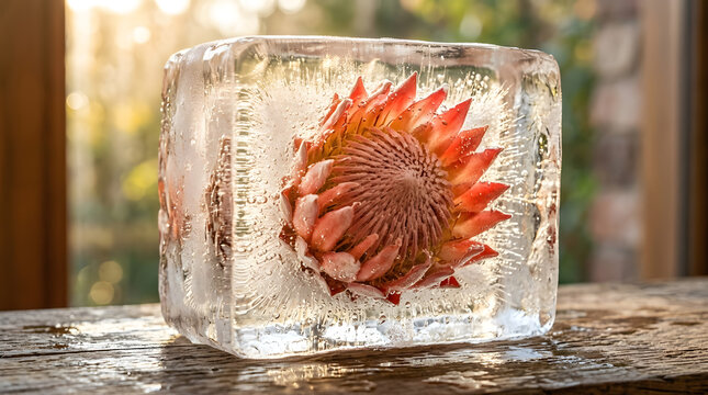 Protea flower frozen in ice block | Floral ice sculpture on wooden table | Exotic pink protea botanical art | Macro photography of flower in ice | Creative floral preservation concept