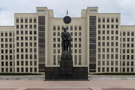 Minsk, Belarus &ndash; July 15, 2025: The monument to Lenin in front of the Government House of the Republic of Belarus on Independence Square.