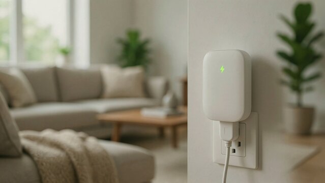 Smart plug Wi-Fi extender plugged into wall outlet in a bright modern living room interior