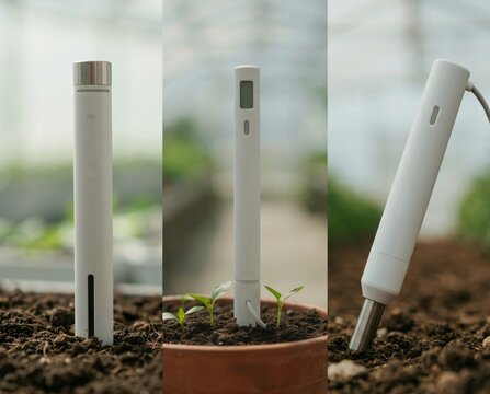 Smart soil moisture meter and pH sensor inserted into rich soil in a greenhouse, smart agriculture technology, agritech device, triptych collaged view