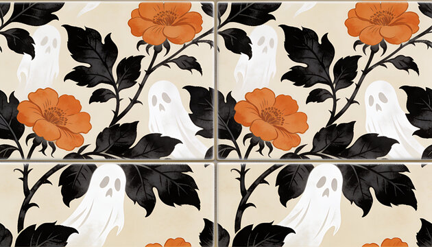 Spooky Ghost Seamless Pattern, Halloween Gothic Floral Wallpaper, Vintage Orange Flower Print, Cute Ghost Tile Texture, Dark Spooky Botanical Fabric, Autumn Halloween Cottagecore Background Design.