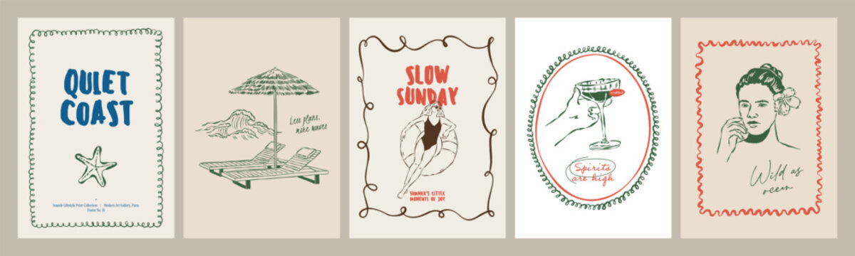 Retro summer beach posters with hand drawn illustrations and playful typography. Perfect coastal wall art for print collections and gallery displays