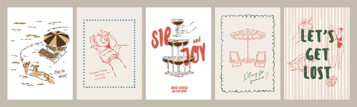 Hand drawn beach posters with bold hand lettering, champagne towers, seaside cliffs, and sunny quotes. Festive coastal wall art for print collections and gallery displays.