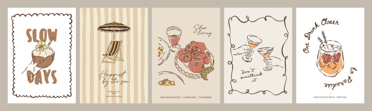 Cozy hand drawn posters celebrating slow, sun-soaked living. Warm and inviting wall art for print collection.