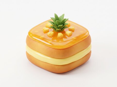Cute pineapple sandwich cake in 3d chibi style, Uses bright yellow cream filling and glazed top isolated on white background