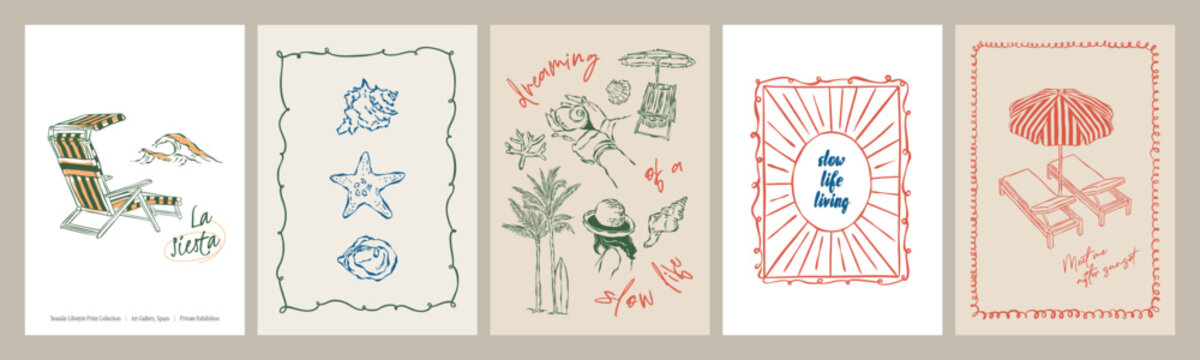 Hand drawn beach posters with striped loungers, seashells, palm trees, and dreamy summer quotes. Coastal wall art for print collections and gallery displays.
