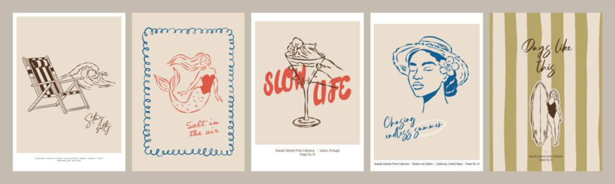 Set of five hand-drawn beach posters with mermaid and portrait illustrations, cocktail glasses, and easygoing summer quotes. Coastal wall art for print collections and gallery displays.