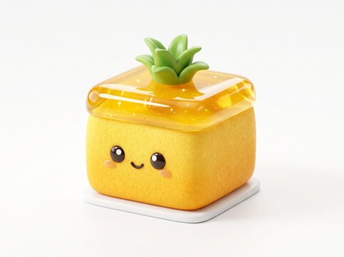 Cute yellow pineapple cube character in 3d chibi style, Uses bright colors and glossy texture for a playful digital illustration