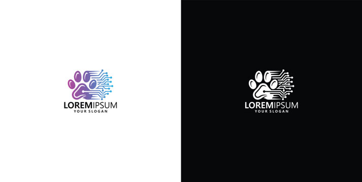 Modern technology pet paw logo vector design concept with digital dots and dynamic futuristic style