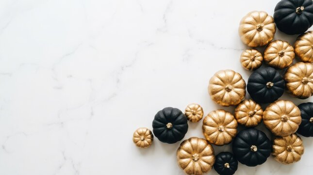 Top view of decorative black and gold pumpkins arranged on a white marble background, flat lay style for autumn holiday decor