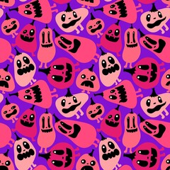 Obraz premium Autumn harvest vegetable seamless monster Halloween pumpkins pattern for wrapping paper and fabrics 