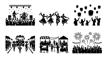 Fototapeta premium Festival Icons Set: Concert, Dance, Lanterns, Parade, Market, Fireworks, Celebration Silhouettes