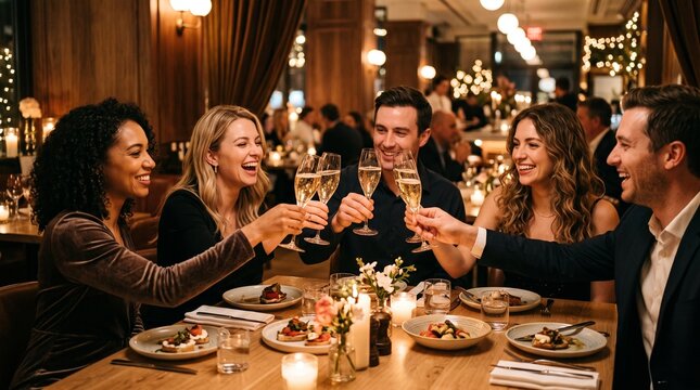 Friends celebrating with champagne at a fancy restaurant dinner party with festive lights
