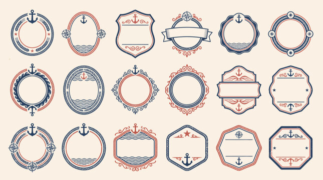 Set of vintage nautical emblem frames and badges with anchor motifs for design.