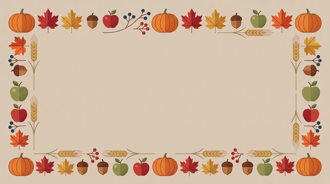 Decorative autumn border frame with colorful fall leaves pumpkins apples and acorns for seasonal thanksgiving and harvest festival invitations and greeting card design templates