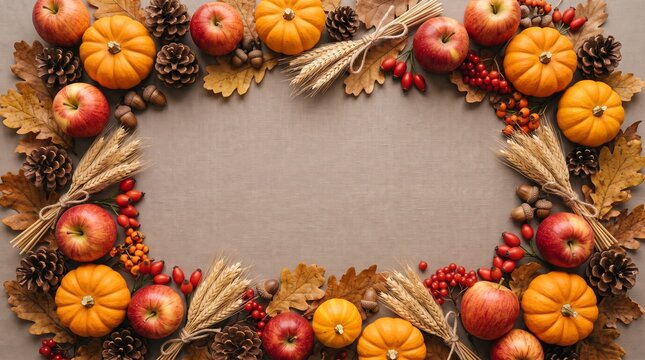 Autumn harvest frame with pumpkins apples leaves and berries for thanksgiving holiday celebration decoration arranged as a border on a plain surface for your text and design