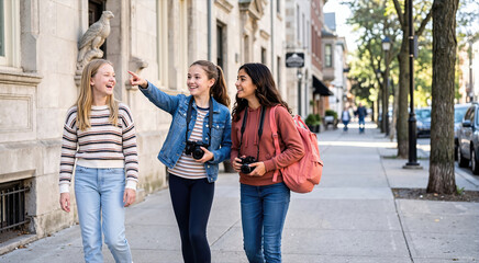 Obraz premium Three smiling teenage girls walking on a city sidewalk. Happy young friends holding compact cameras and exploring the town. Youth travel and friendship concept