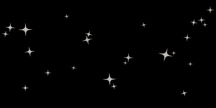Abstract horizontal banner with glowing silver stars, glitter shimmer sparkles on black background. Modern night sky design for party and web.