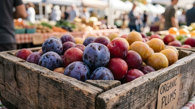 A wooden crate filled with fresh plums and nectarines at an outdoor farmers market.