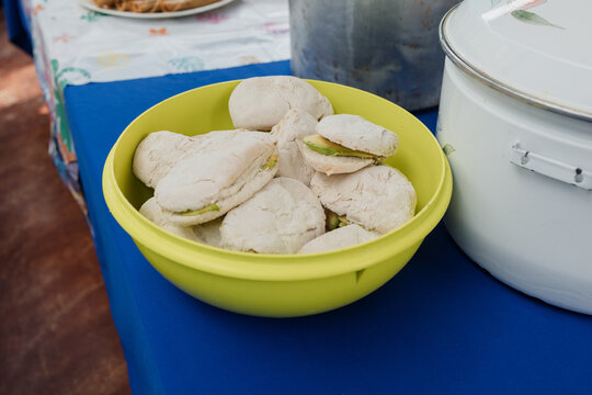 traditional mexican sandwich called chanclas in Mexico in a Mexican feast with Homemade food on table