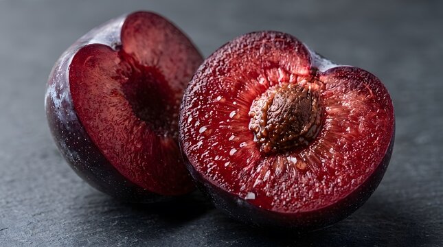 Two halves of a ripe plum showing the pit and juicy red flesh on a dark surface.