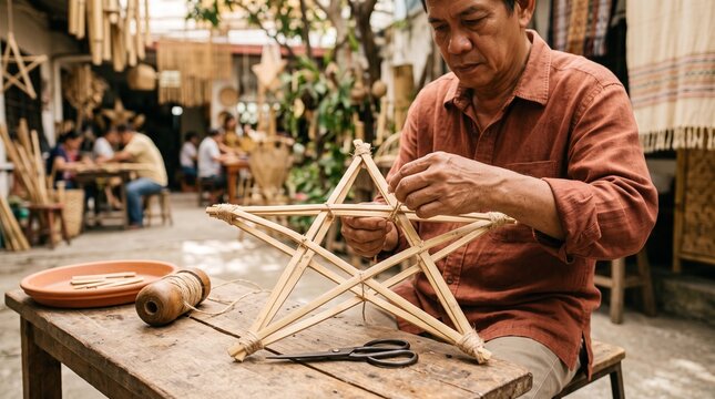 Maker binds a parol frame at a sunlit studio bench