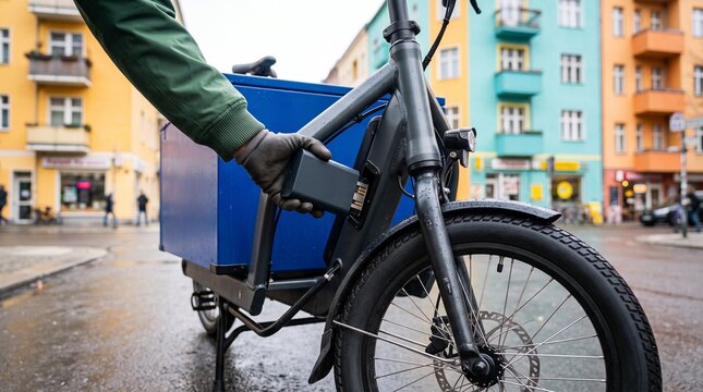 Courier secures battery on an electric cargo bicycle