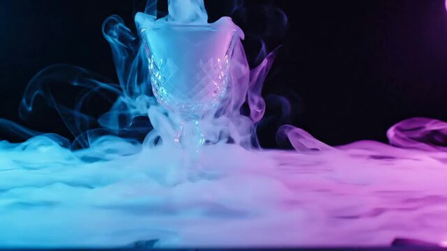 Crystal goblet with swirling neon blue and pink smoke, abstract magical vapor effect on dark background