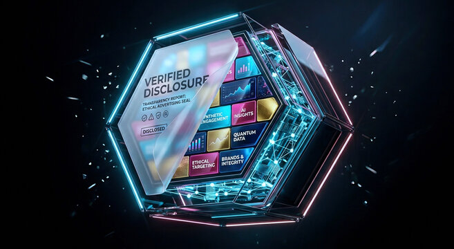 Floating advertising prism revealing synthetic layers, disclosure seal, and glowing ai mesh beneath glossy promo tiles in a transparent ethics concept.