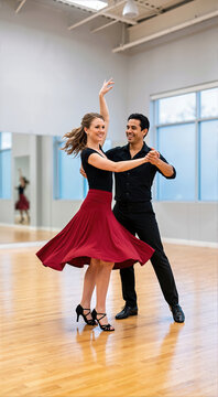 Smiling couple dancing salsa in a bright ballroom studio. Woman in a swirling red skirt and man in black clothing performing on a wooden floor. Vertical photo