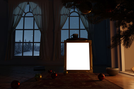 3d rendering of an isolated golden picture frame next to a fireplace and arched window in a winter night