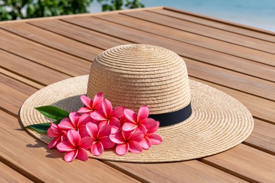Straw hat with pink frangipani flowers on wooden deck