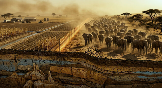 Elephant migration corridor confronting farmland expansion and a fractured water table, with herd movement, boundary fences, dust, and acacia silhouettes.