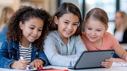 Obraz premium Diverse elementary school girls learning with digital tablet