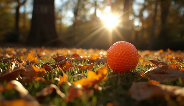 Orange Golf ball surrounded by crispy october fall leaves for seasonal autumn