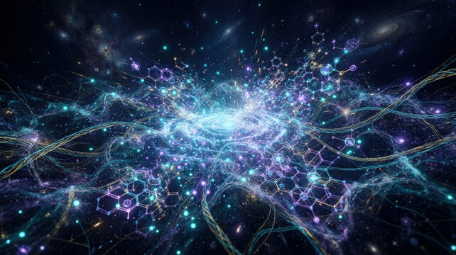 Quantum vacuum foam in a dark cosmic void, with particle and antiparticle pairs blinking around an energy ripple as atomic lattice forms.