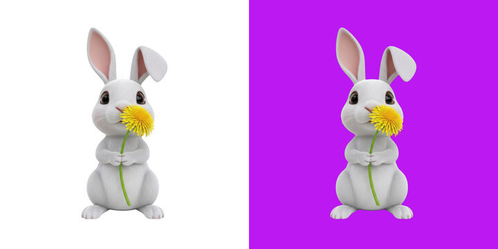 Cute white bunny rabbit holding a yellow dandelion flower character design