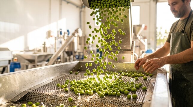 Fresh green olives fall into a mill washer grid