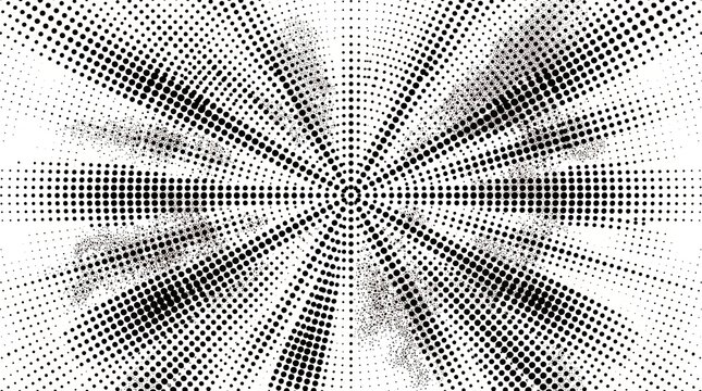 Black and white halftone spiral dot pattern background with radial dynamic motion effect.
