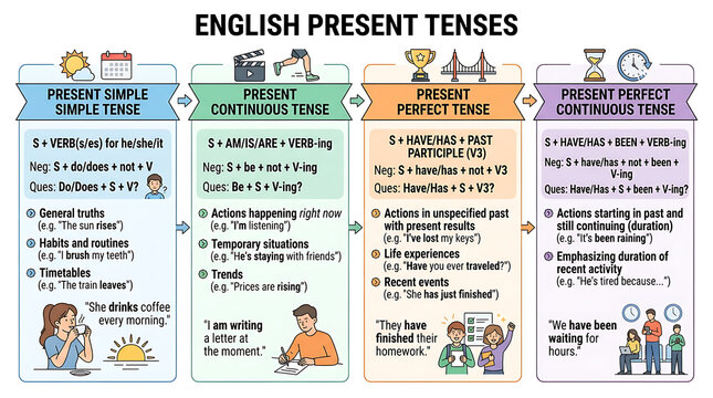 English Present Tenses Infographic: Simple, Continuous, Perfect, Perfect Continuous, Grammar Rules, Examples, Visual Learning Aid for Students