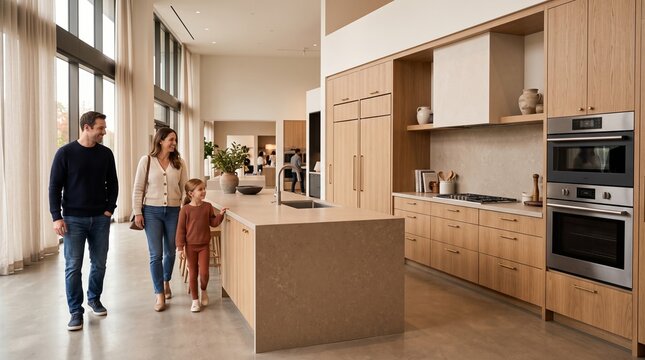 Family explores a coordinated kitchen showroom suite