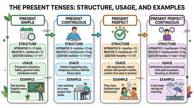 English Grammar Infographic: Present Tenses Explained, Structure, Usage, Examples, Visual Learning Aid for Students and Educators