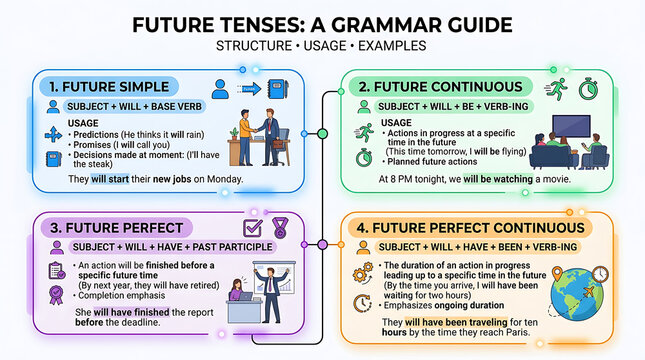 Future Tenses Grammar Guide: Structure, Usage, Examples for English Learners, Educational Infographic with Future Simple, Continuous, Perfect, and Perfect Continuous Tenses