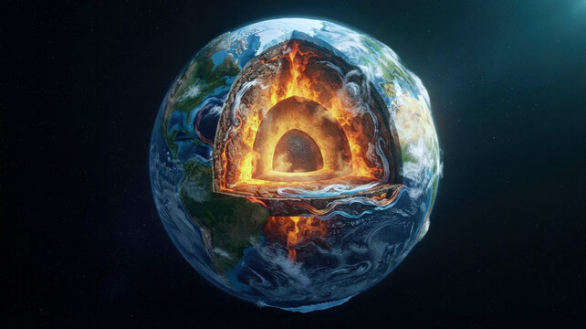 Cross section of Earth climate system with mantle heat, ocean circulation, cloud cover, polar ice, and forests balancing global temperature
